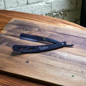 HeadGame BarberGear Merchandise Matt Black Straight Barber Edge Steel Razor Folding Shaving Knife [Free Blades]