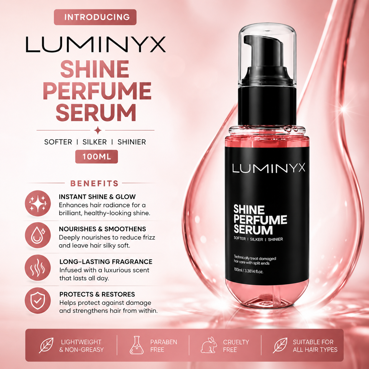 Luminyx Shine Perfume Serum (Pink) 100ml - For Damaged Hair, Split Ends, Frizzy Hair Care Oil Minyak Rambut Wangi