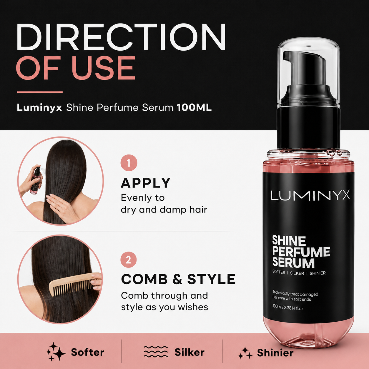 Luminyx Shine Perfume Serum (Pink) 100ml - For Damaged Hair, Split Ends, Frizzy Hair Care Oil Minyak Rambut Wangi
