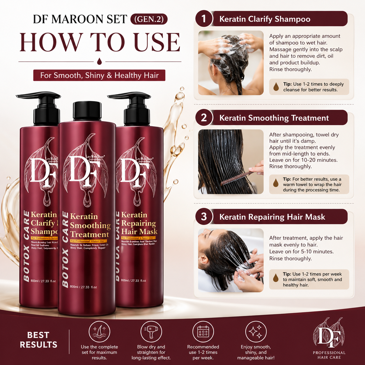 DF Botox Care Keratin Treatment Maroon Set (3x800ml)