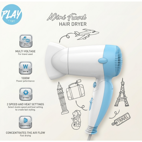 TUFT PLAY Mini Travel Hair Dryer 1000W